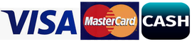 Visa, MasterCard, and cash payment logos on a blue background