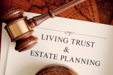 Gavel beside document labeled “Living Trust & Estate Planning” on a warm-toned background