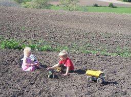 Two of Kimberlee's children pretending to farm in their field