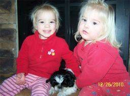Two young girls cuddling with a puppy next to their fireplace