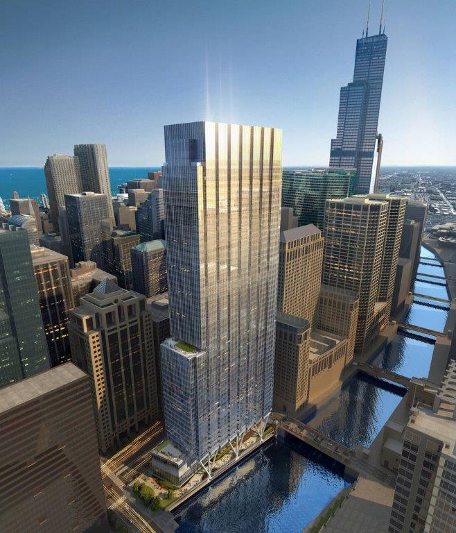 An aerial view of a city with a large building in the middle