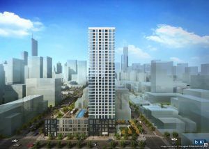 An artist 's impression of a tall building in the middle of a city.