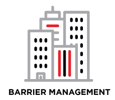 A line drawing of a building with the words `` barrier management '' below it.