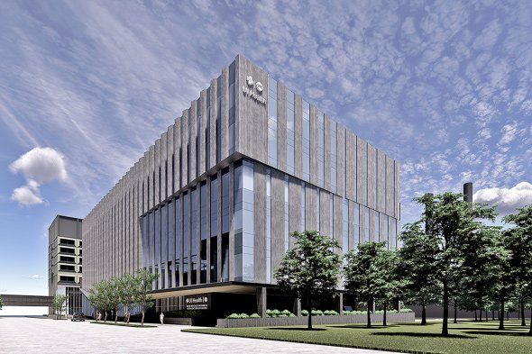 An artist 's impression of a large building with a lot of windows surrounded by trees.