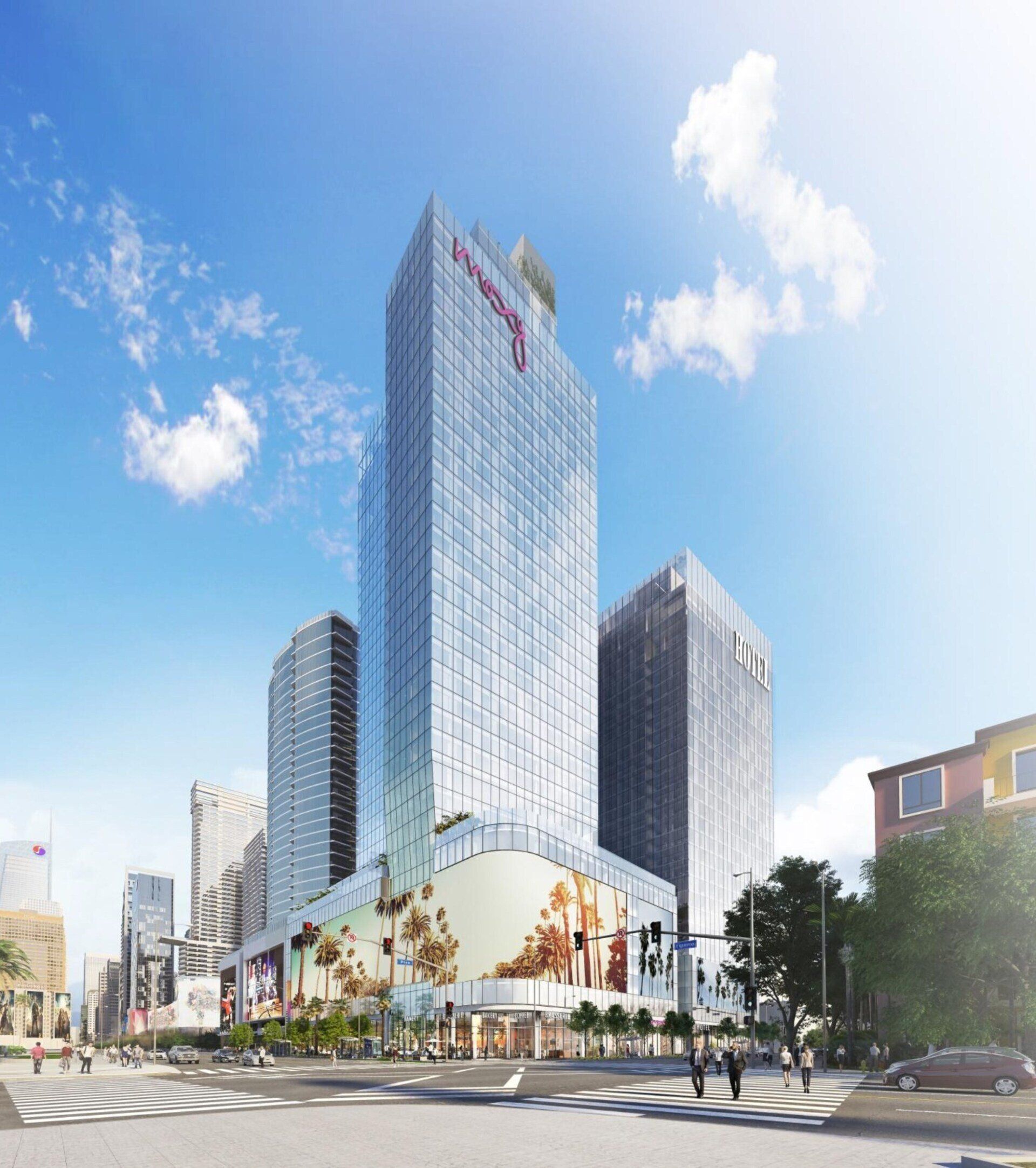 An artist 's impression of a large building in the middle of a city.