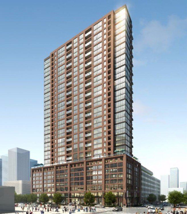 An artist 's impression of a tall building with lots of windows