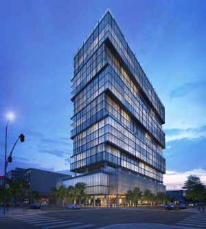 An artist 's impression of a tall building at night.