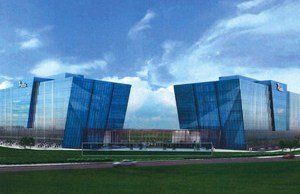 An artist 's impression of a large building with a blue sky in the background.