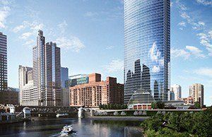 An artist 's impression of a city skyline with a river in the foreground.