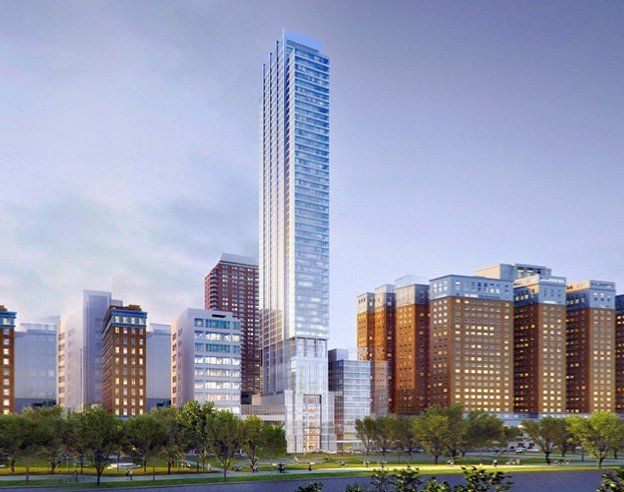 An artist 's impression of a city skyline with a tall building in the middle