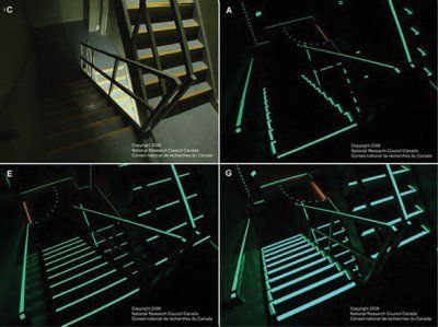 Four pictures of a staircase with glow in the dark stripes