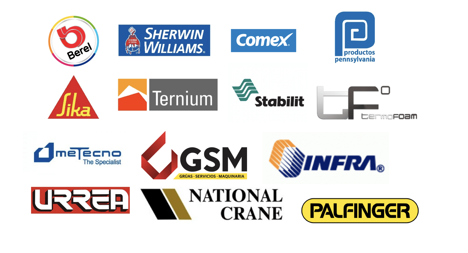 A collection of various corporate logos including Sherwin-Williams, Sika, Ternium, Stabilit, Urrea, and Palfinger.