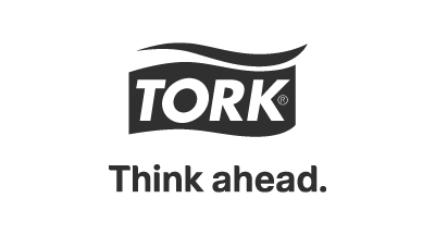 Tork black and white logo that says 