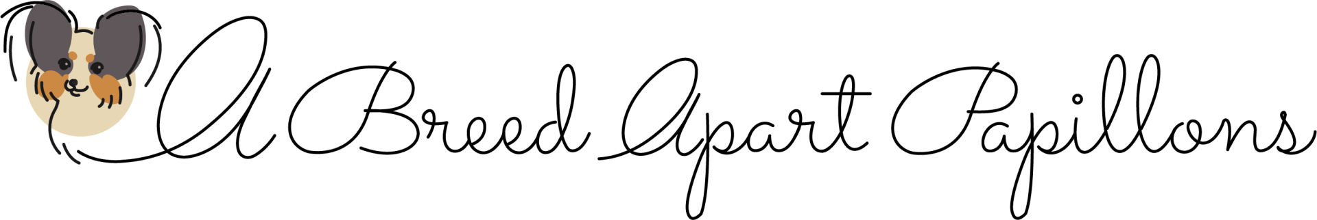 Logo: A cartoon Papillon dog's head with black, tan, and white markings next to the script 