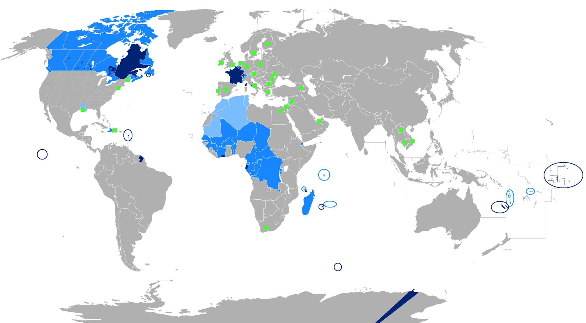 a map of the world with anglophone and francophone countries identified