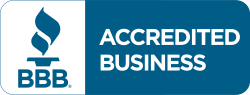 BBB Accredited Business logo with blue torch icon and white text on a blue background