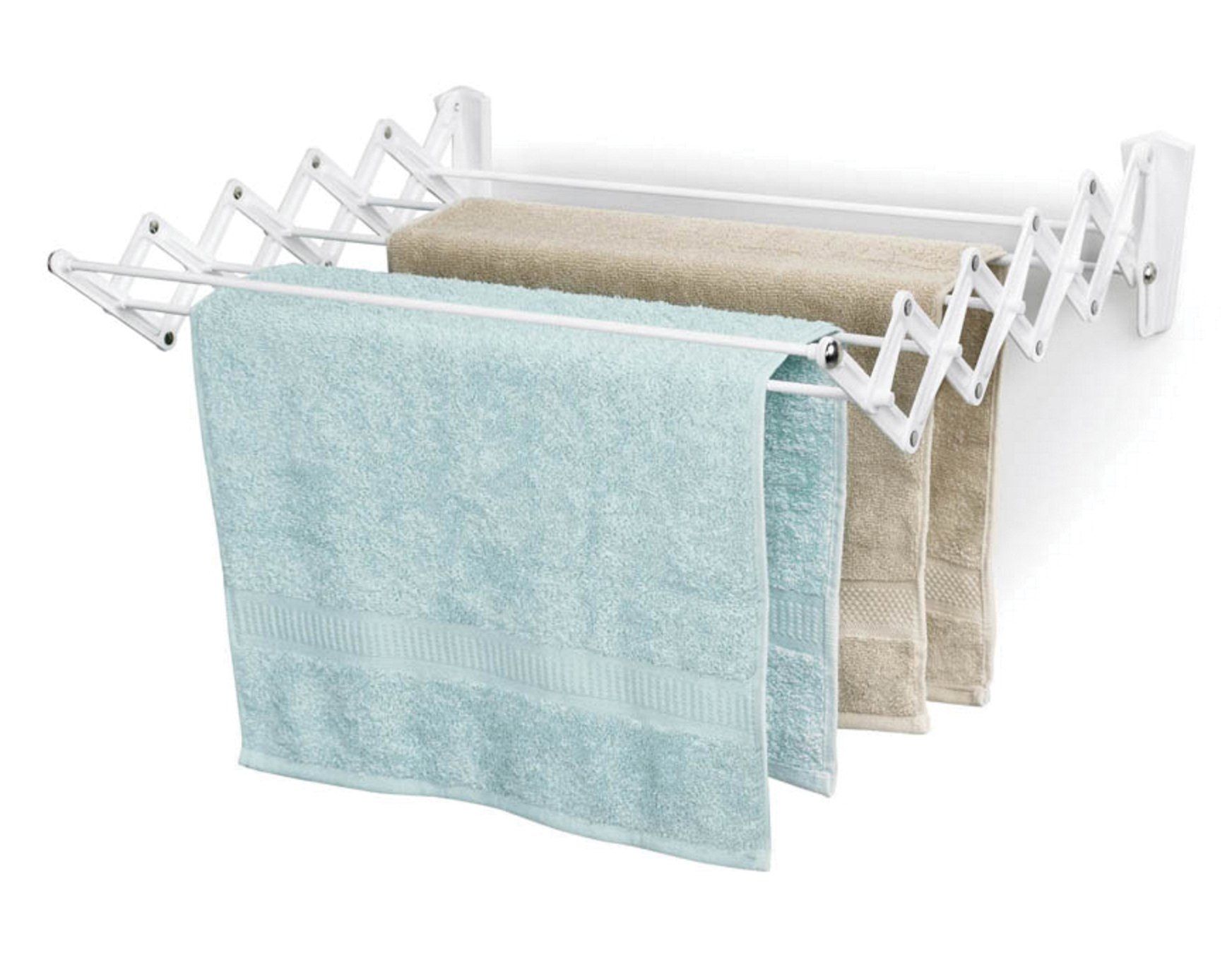 A towel rack with towels hanging on it on a white background.
