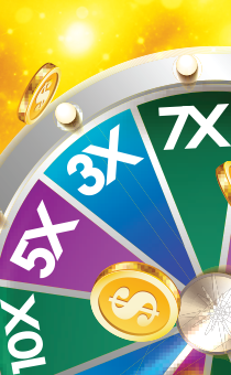 Spinning prize wheel with multipliers: 3X, 5X, 7X, 10X, and coins, set against a golden background.