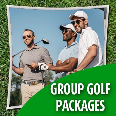 Three men in golf attire, smiling, with golf clubs. 