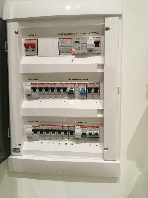 Quadro elettrico con file di interruttori automatici in un armadio a muro bianco