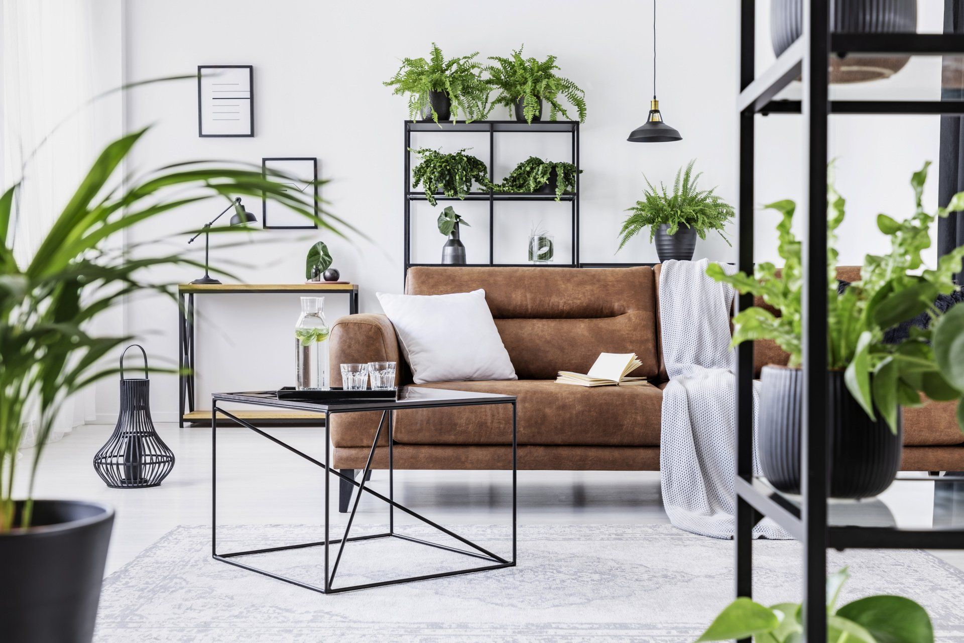A living room with a brown couch , coffee table , and potted plants.