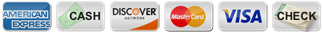 American Express, Cash, Discover, MasterCard, Visa, Check payment method icons