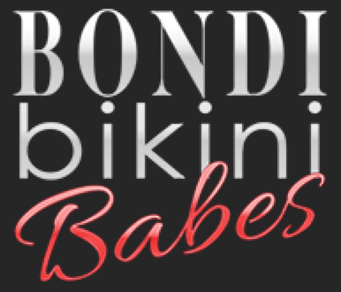 A logo for bondi bikini babes on a black background