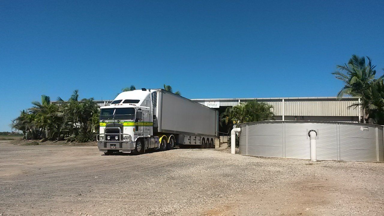Semi-truck parked in front of a warehouse, under a clear blue sky.