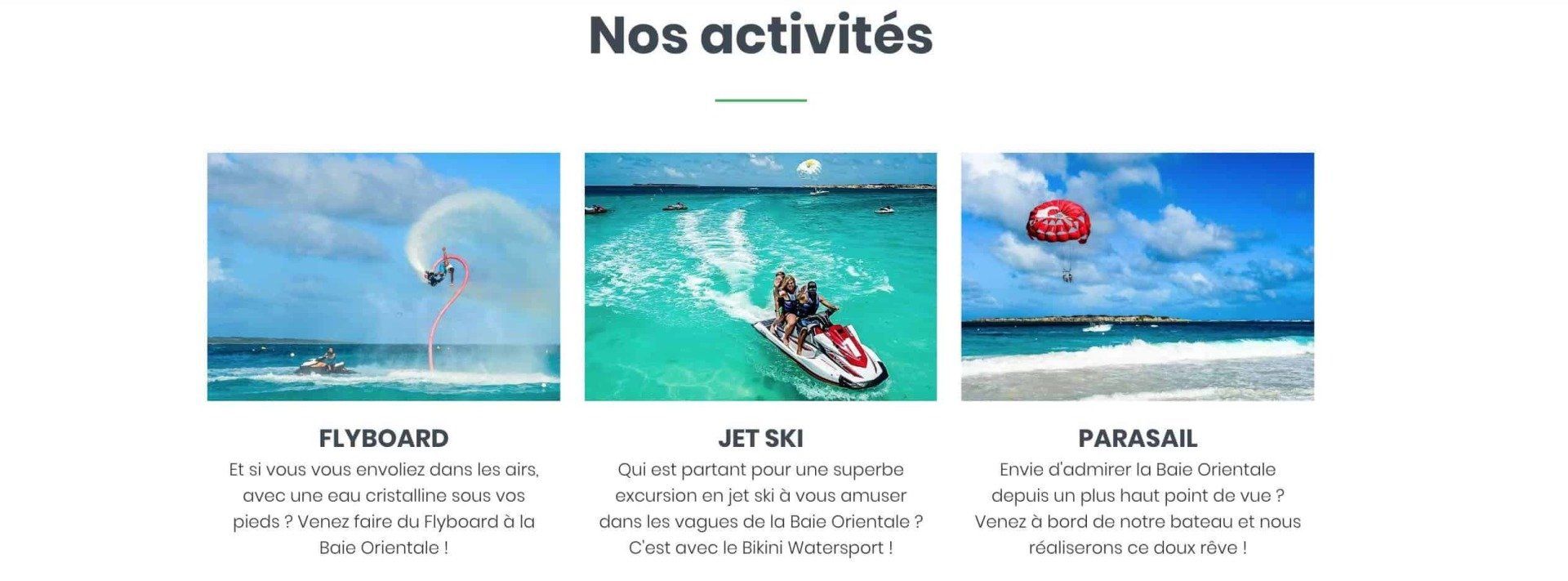 Le site internet du Bikini Watersport : les activitiés disponibles