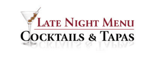 A logo for late night menu cocktails and tapas