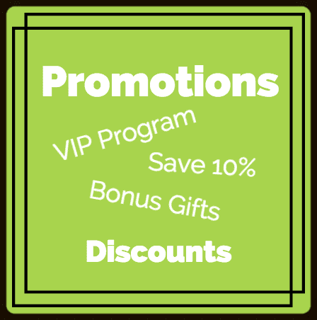 Green promotions poster with VIP program, save 10%, bonus gifts, and discounts text.