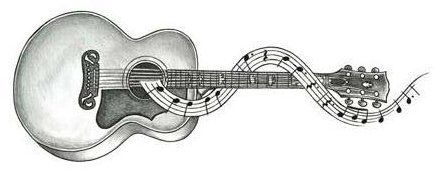 A black and white drawing of an acoustic guitar with music notes coming out of it.
