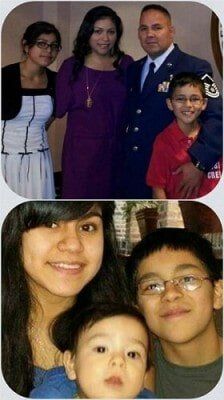 Two family photos: four people standing together, and a close-up of three smiling faces.