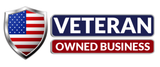 Veteran Owned Business logo with American flag shield and red and blue text