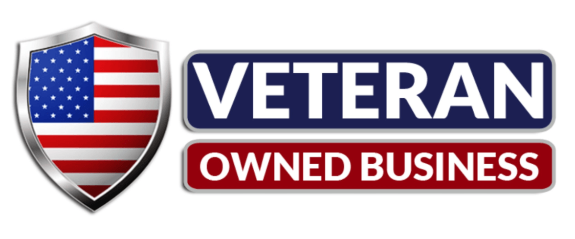 Veteran Owned Business logo with American flag shield and red and blue text
