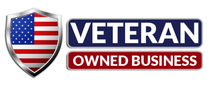 Veteran Owned Business logo with American flag shield and red and blue text