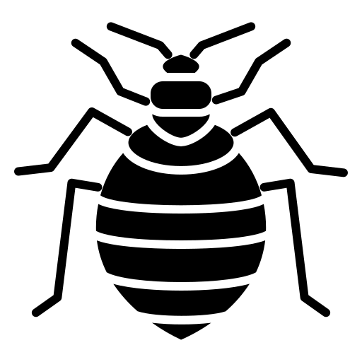 Black silhouette of a bed bug with six legs and two antennae.