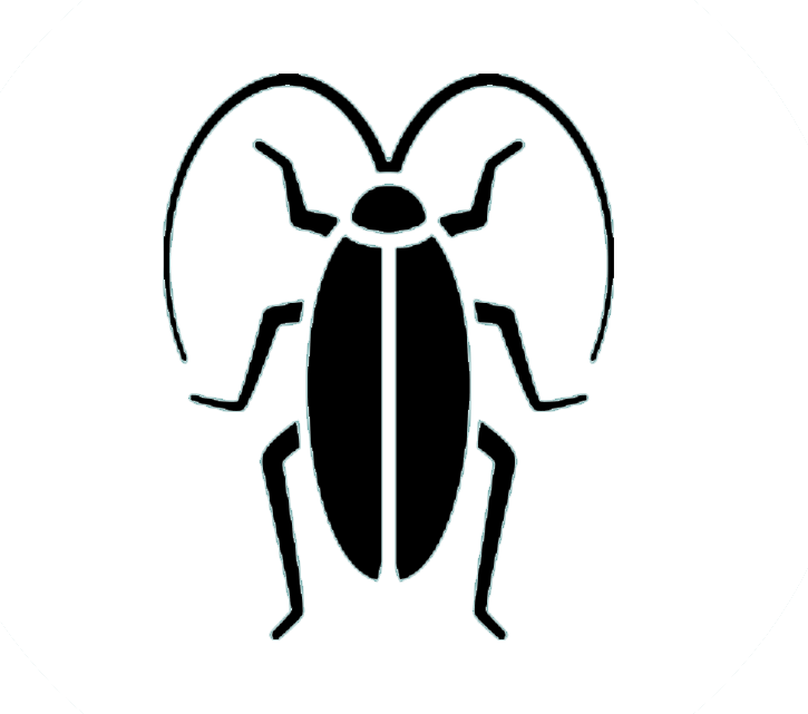 Black silhouette of a cockroach with antennae, legs, and a segmented body.