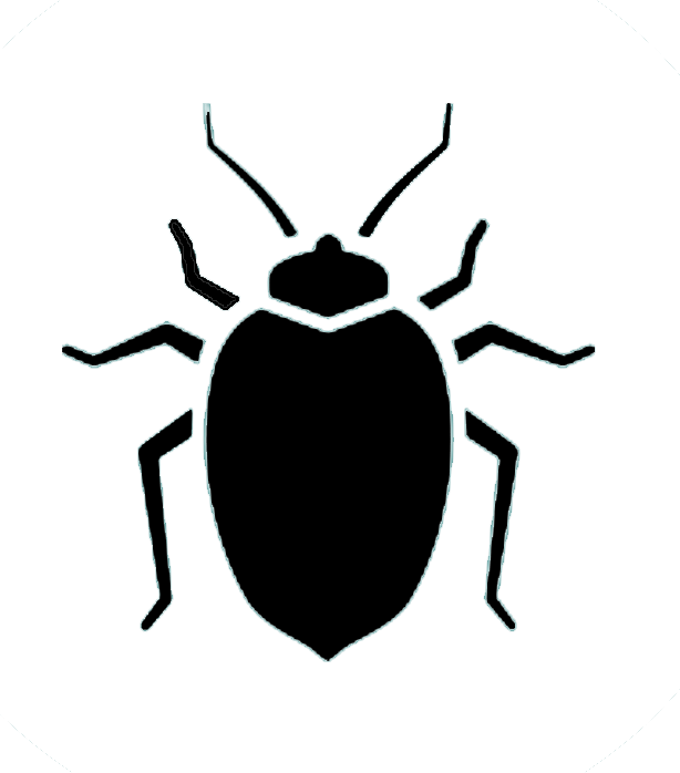 Black silhouette of a bed bug with six legs and antennae.