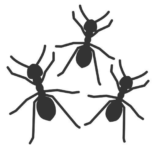 Three black ants arranged in a triangle.