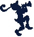 Silhouette of a person playing a horn, dancing, with legs bent and arms raised.