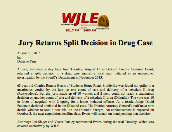 A newspaper article titled jury returns split decision in drug case