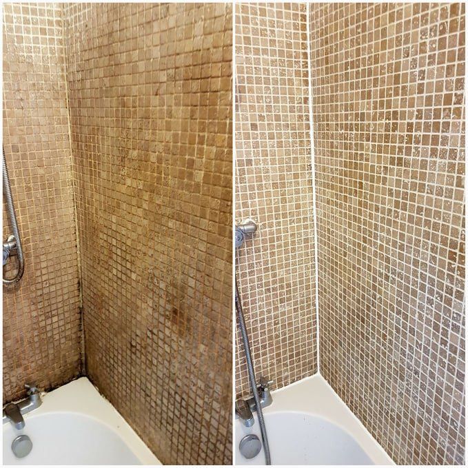Travertine bathroom tile cleaning in Stockport
