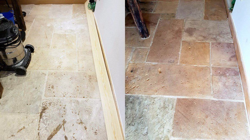 There is a before and after picture of a tile floor.