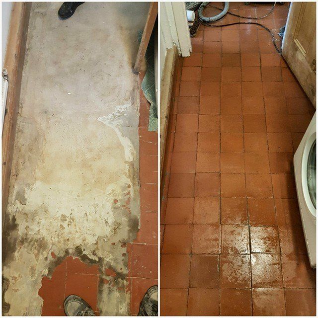 A before and after photo of a tiled floor