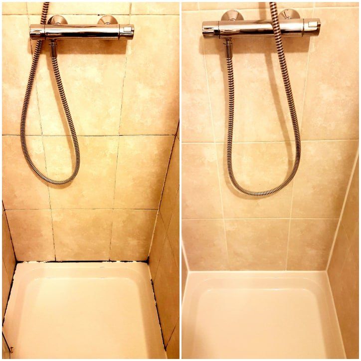 Two pictures of a shower before and after being cleaned