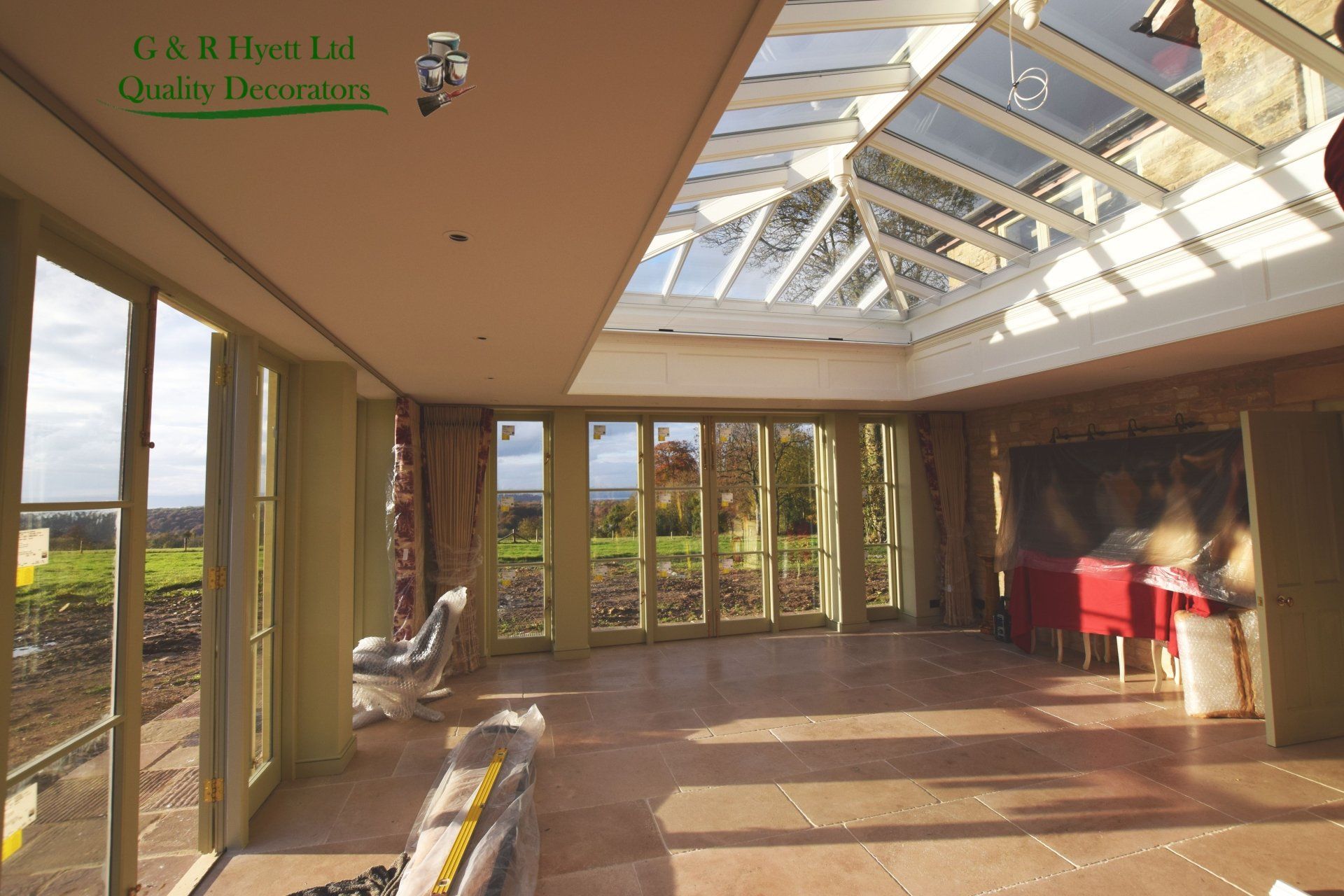 Internal decoration to conservatory/dining room with Farrow and Ball paint