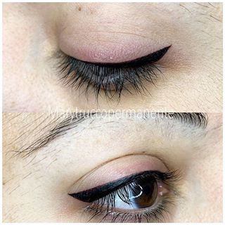 Primo piano degli occhi, la parte superiore con le ciglia chiuse, la parte inferiore aperta con l'eyeliner.