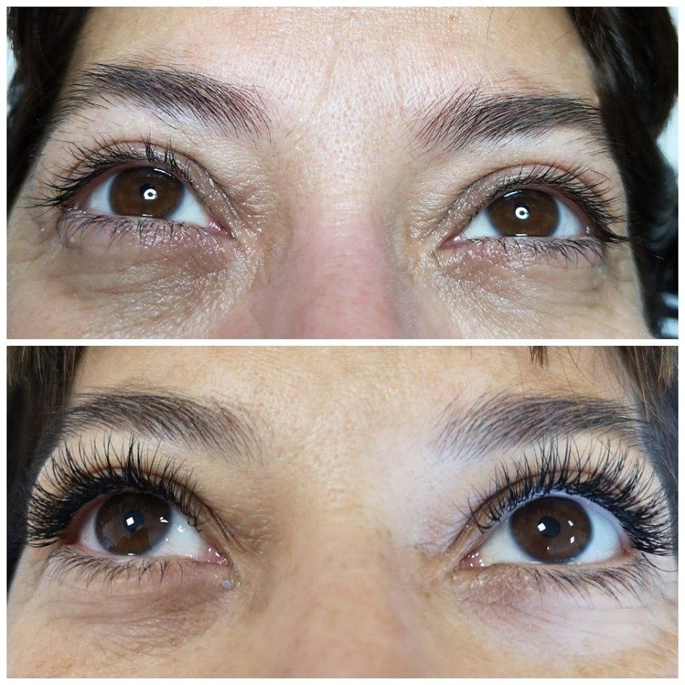 Confronto degli occhi: in alto ci sono ciglia naturali, in basso ciglia truccate con il mascara.