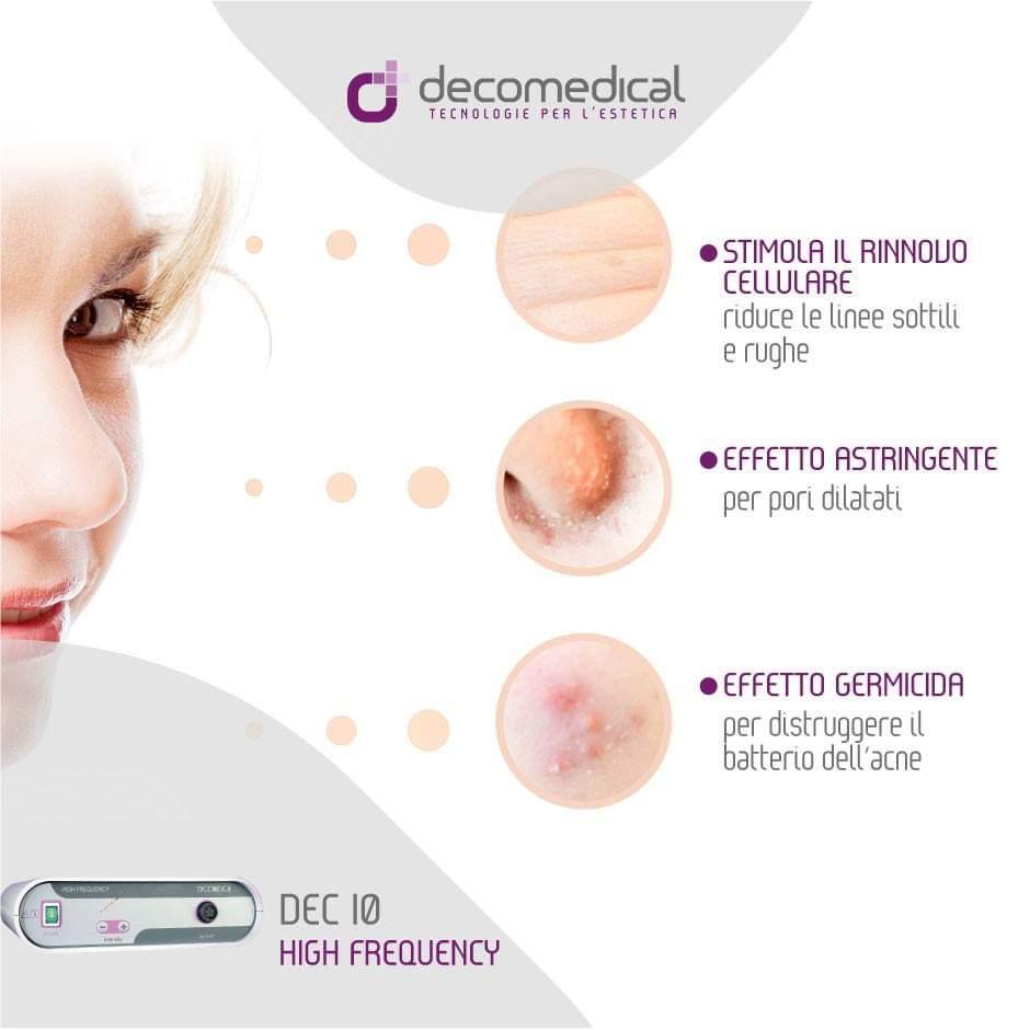 Immagine promozionale per il dispositivo ad alta frequenza Decomedical DEC 10. Mostra i benefici per la cura della pelle: rinnovamento cellulare, effetto astringente e azione germicida.